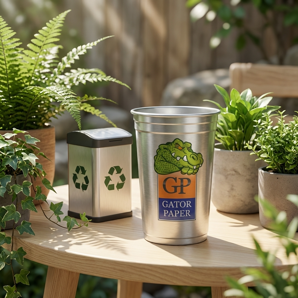 Two custom branded aluminum cups displayed beside potted plants