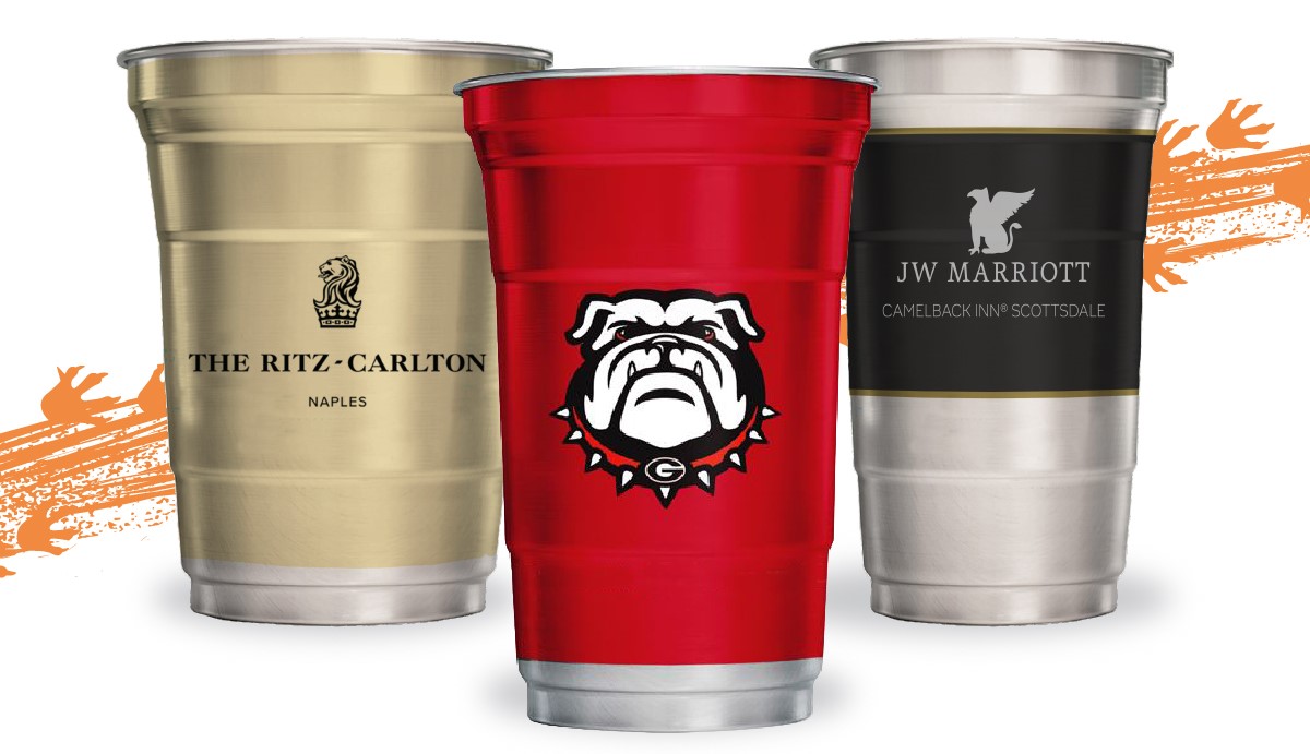 Custom branded aluminum cups raised at a crowded sports venue