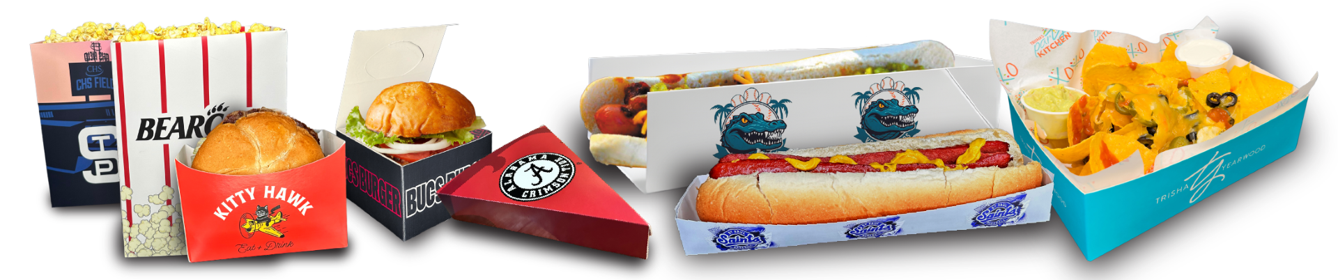 Collection of compostable takeout packaging including cups, containers, and trays