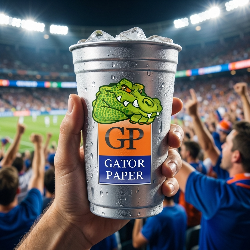 Custom printed aluminum cup held in front of arena seating