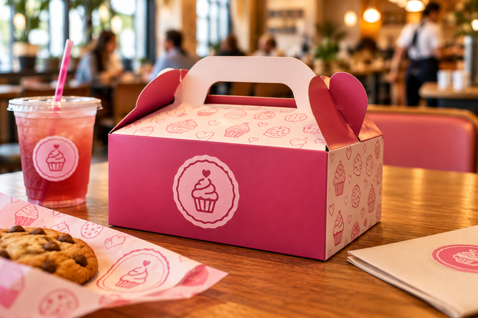 Cozy bakery scene featuring a pink custom takeout box, branded drink, and printed bakery paper