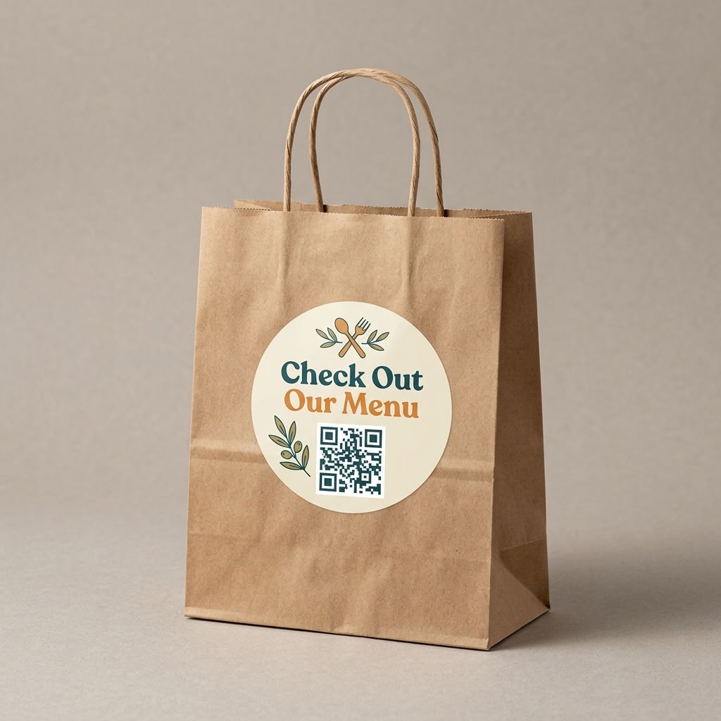 Custom branded restaurant paper bag with a scannable menu QR code