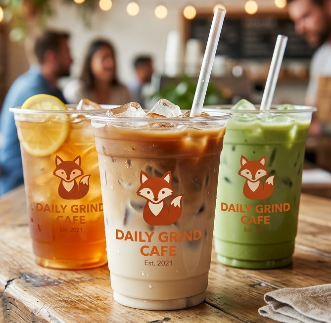Custom printed restaurant cups featuring Daily Grind Cafe branding