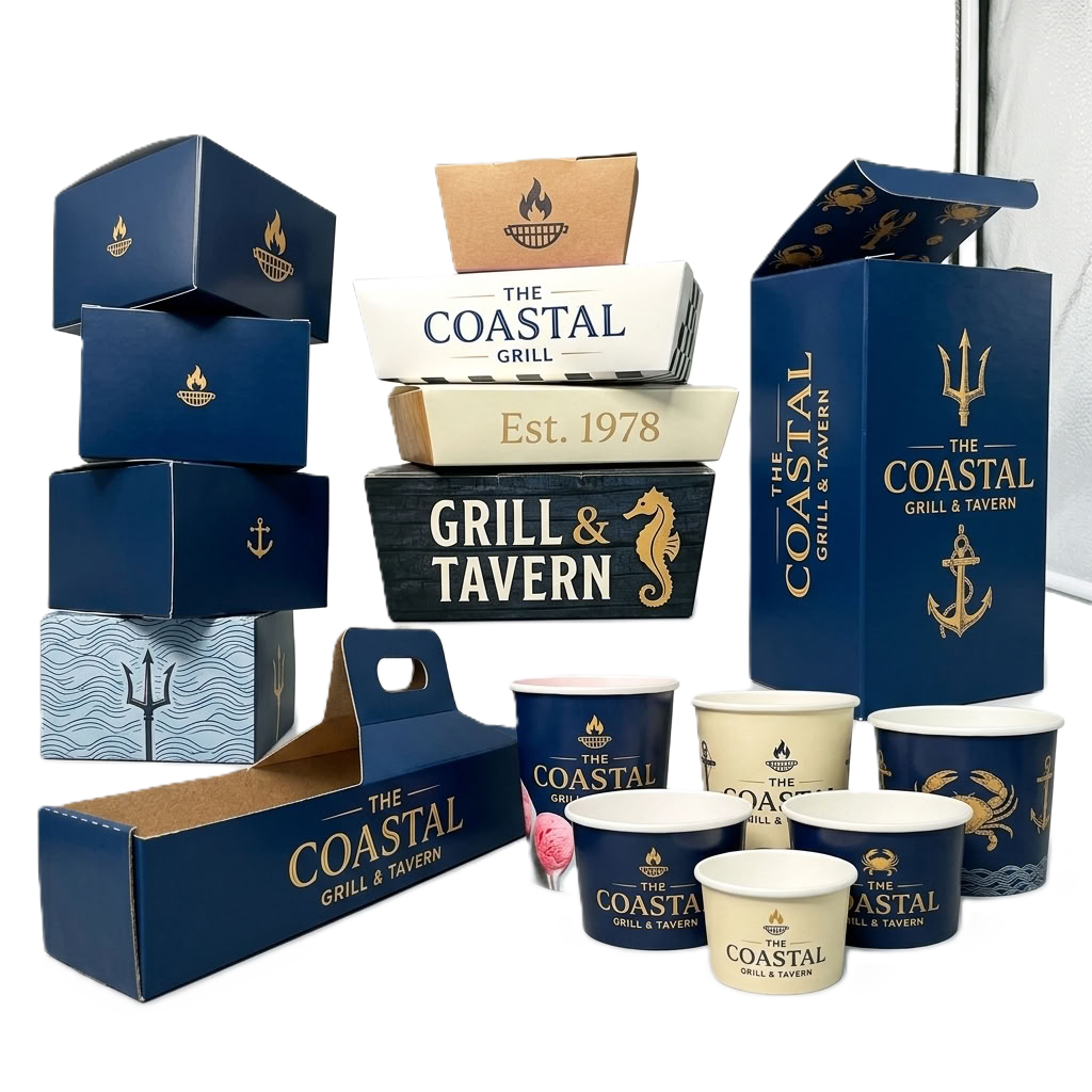 Collection of custom branded restaurant packaging including food boxes, paper cups, and takeout containers