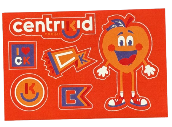Camp mascot sticker sheet with colorful icon stickers