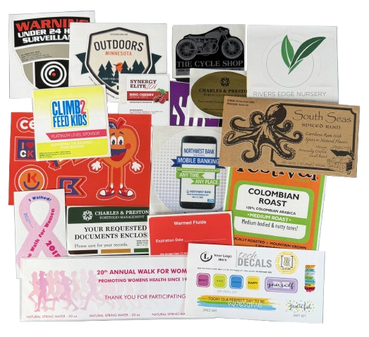 Collage of custom printed sticker and label samples
