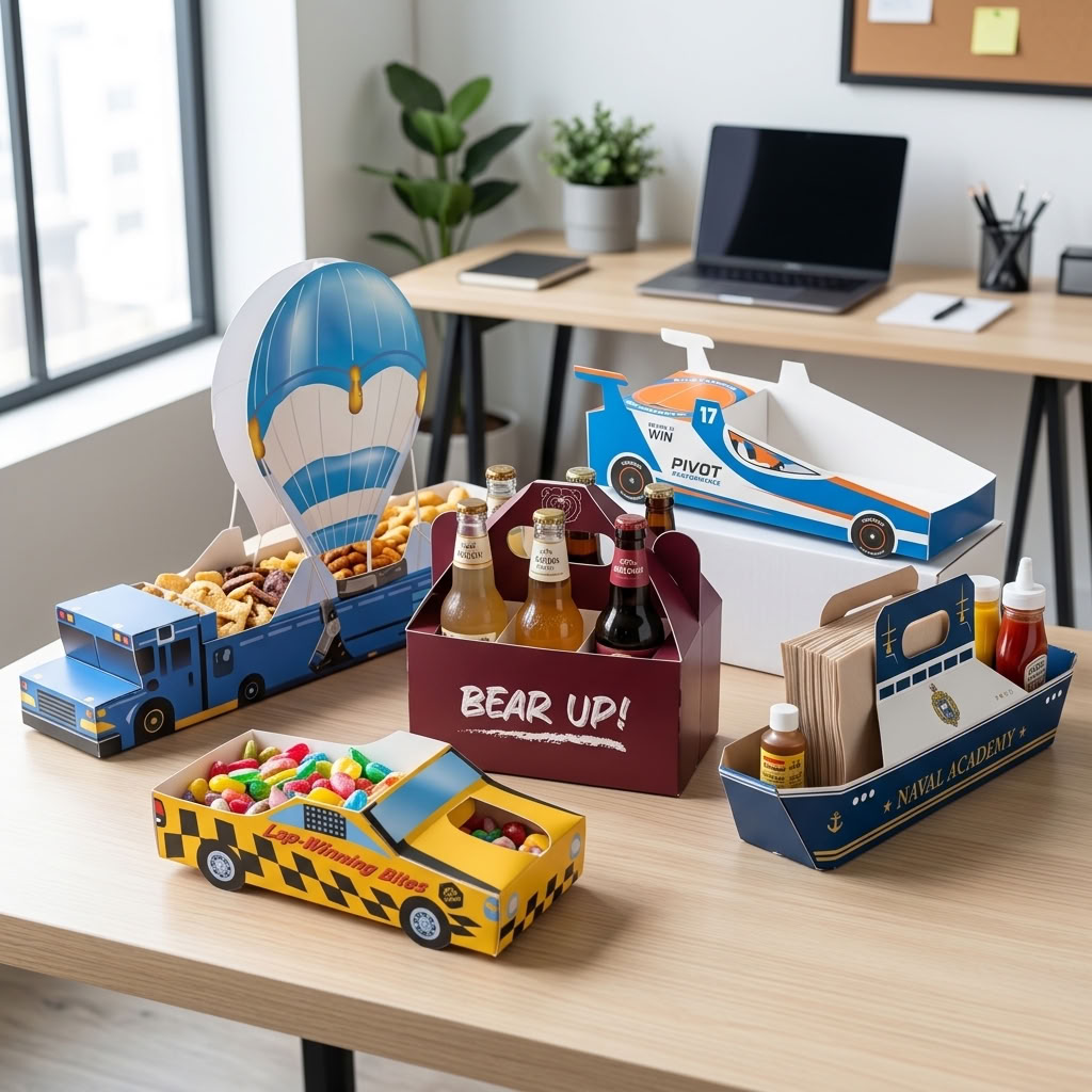 Assorted custom food packaging boxes and display containers, including vehicle-shaped boxes, branded beverage carriers, and specialty food packaging