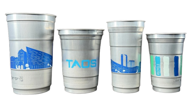 Collage of branded reusable aluminum cup examples