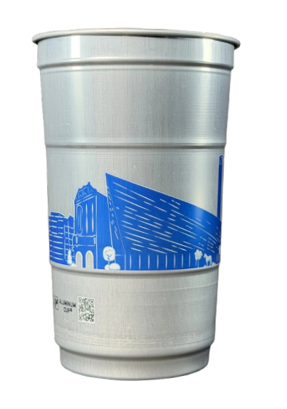 Reusable aluminum cup with venue branding