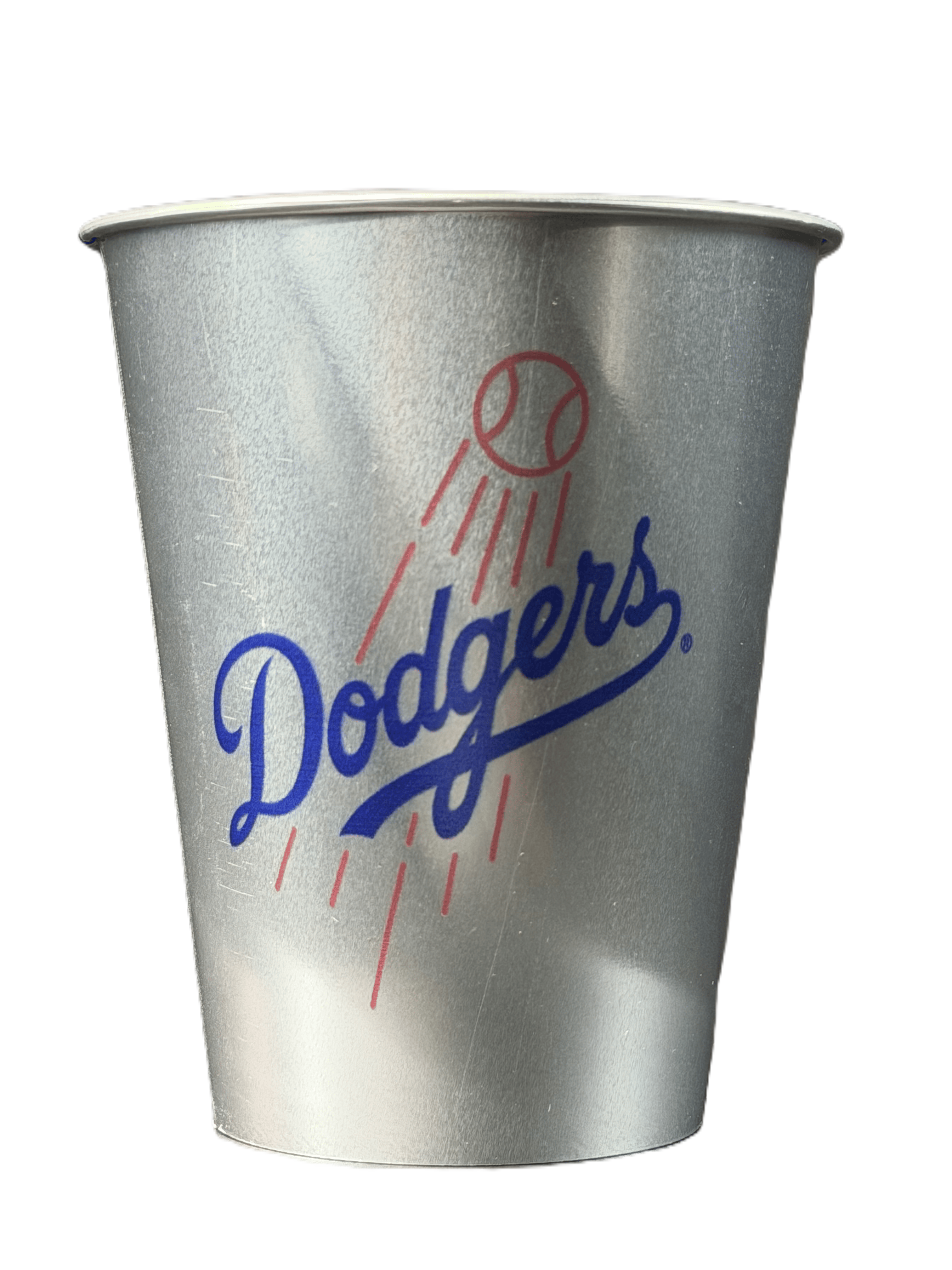 Silver single use aluminum cup printed with the Dodgers logo
