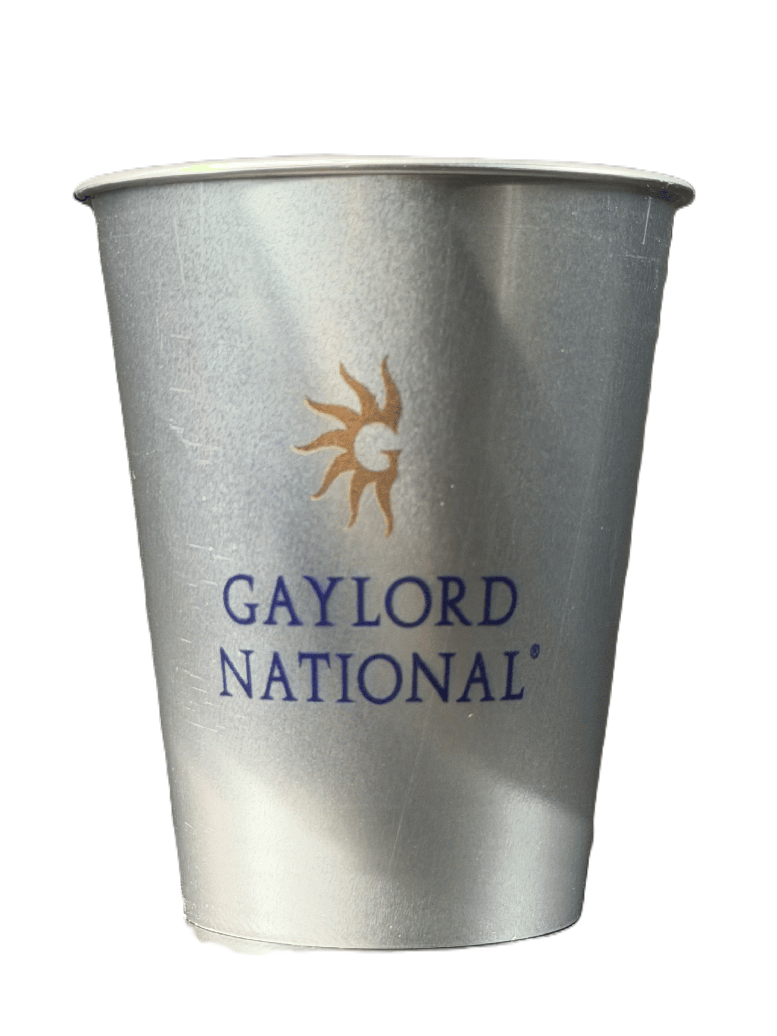 Silver single use aluminum cup printed with the Gaylord National logo