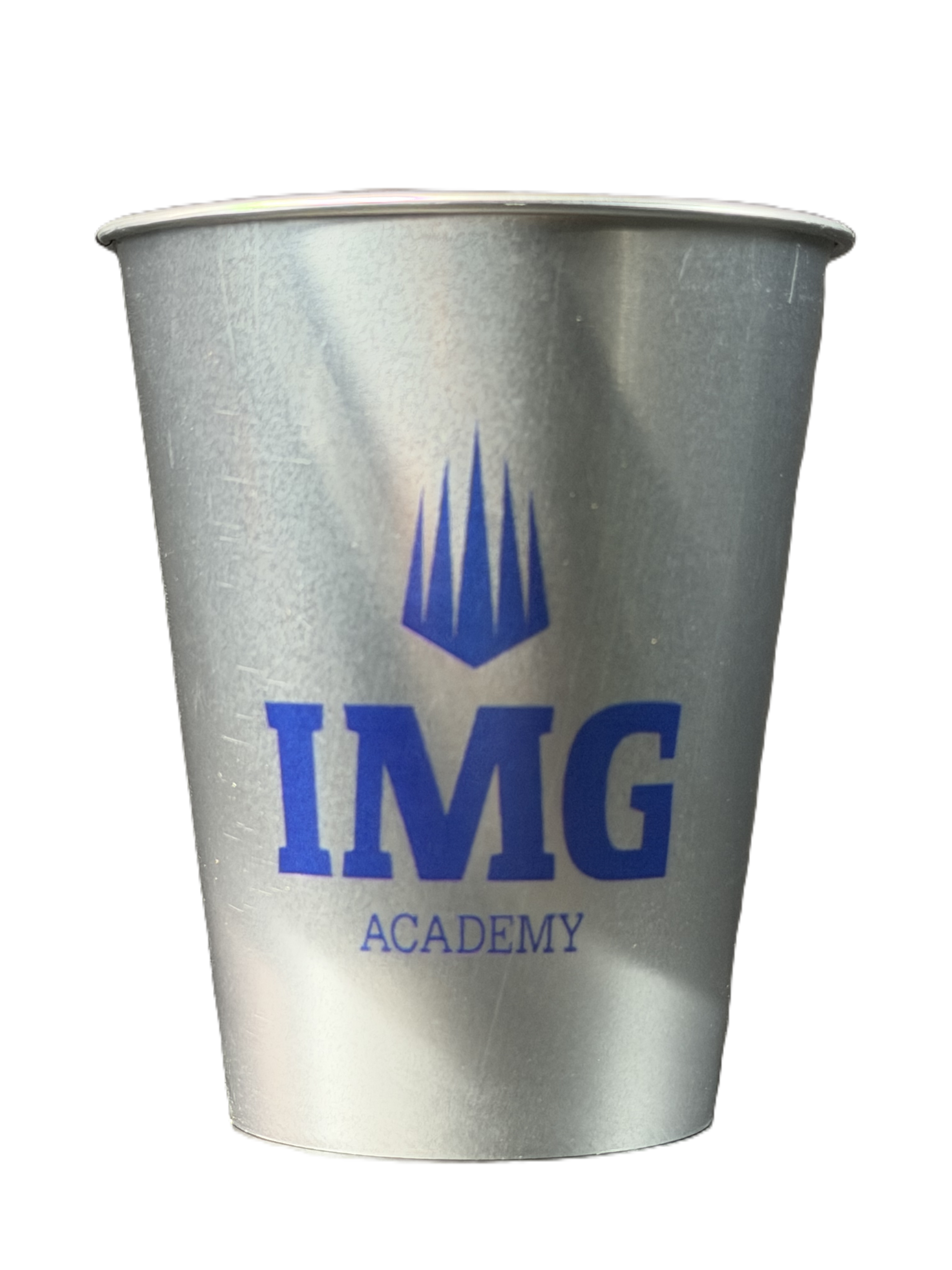 Silver single use aluminum cup printed with the IMG Academy logo