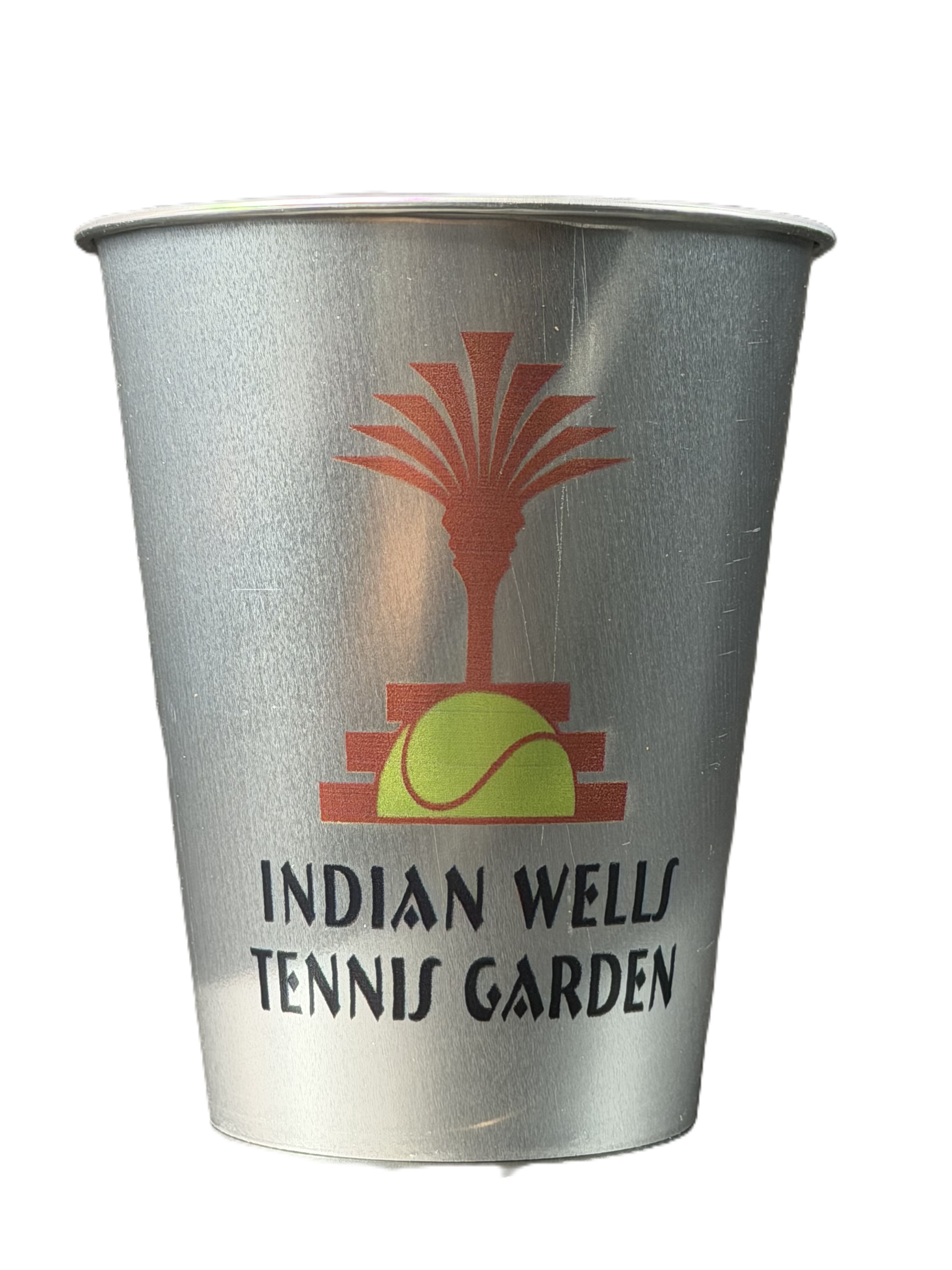 Silver single use aluminum cup printed with the Indian Wells Tennis Garden logo