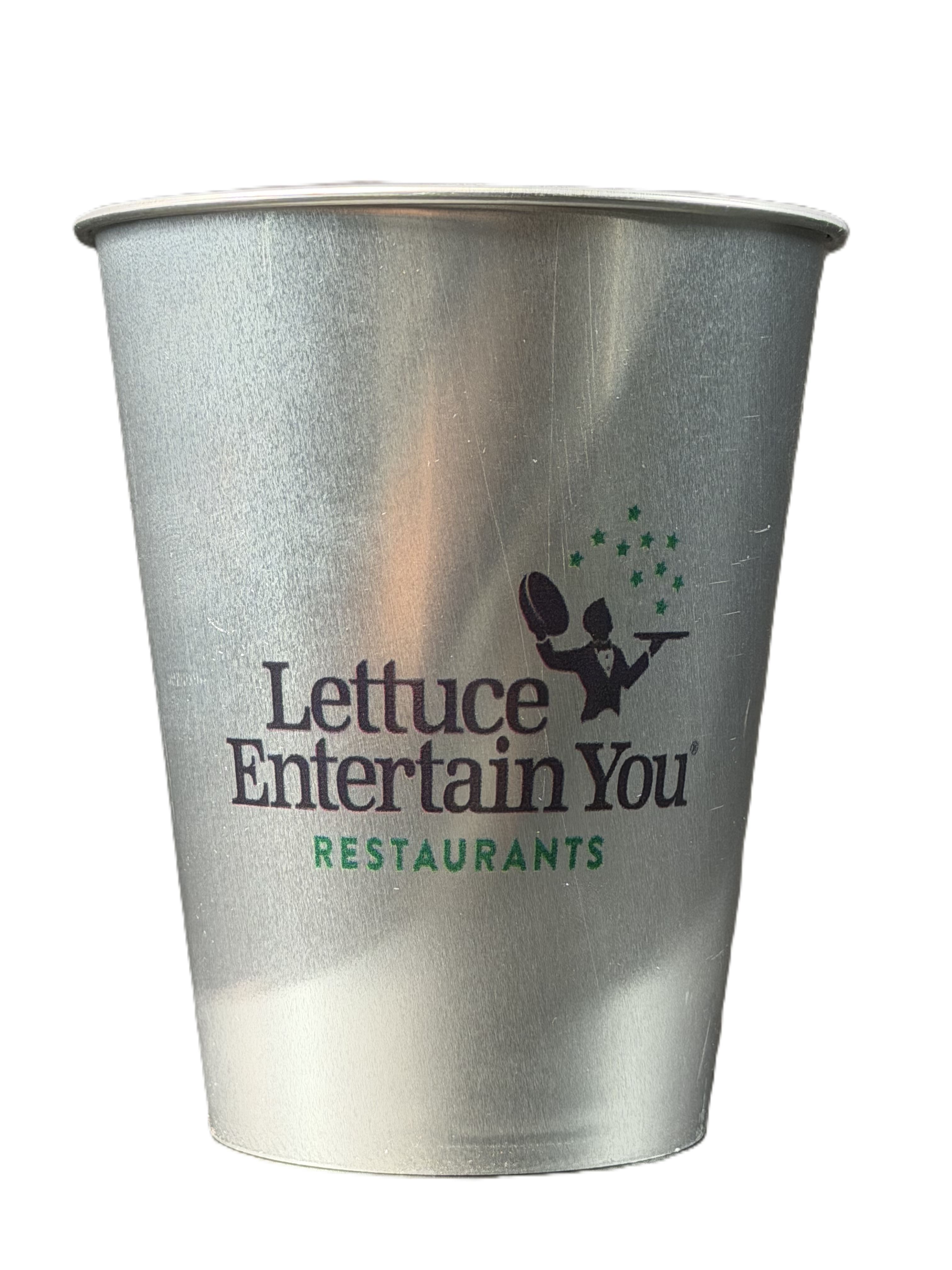 Single use aluminum cup with Gator Paper mascot decal and logo panel
