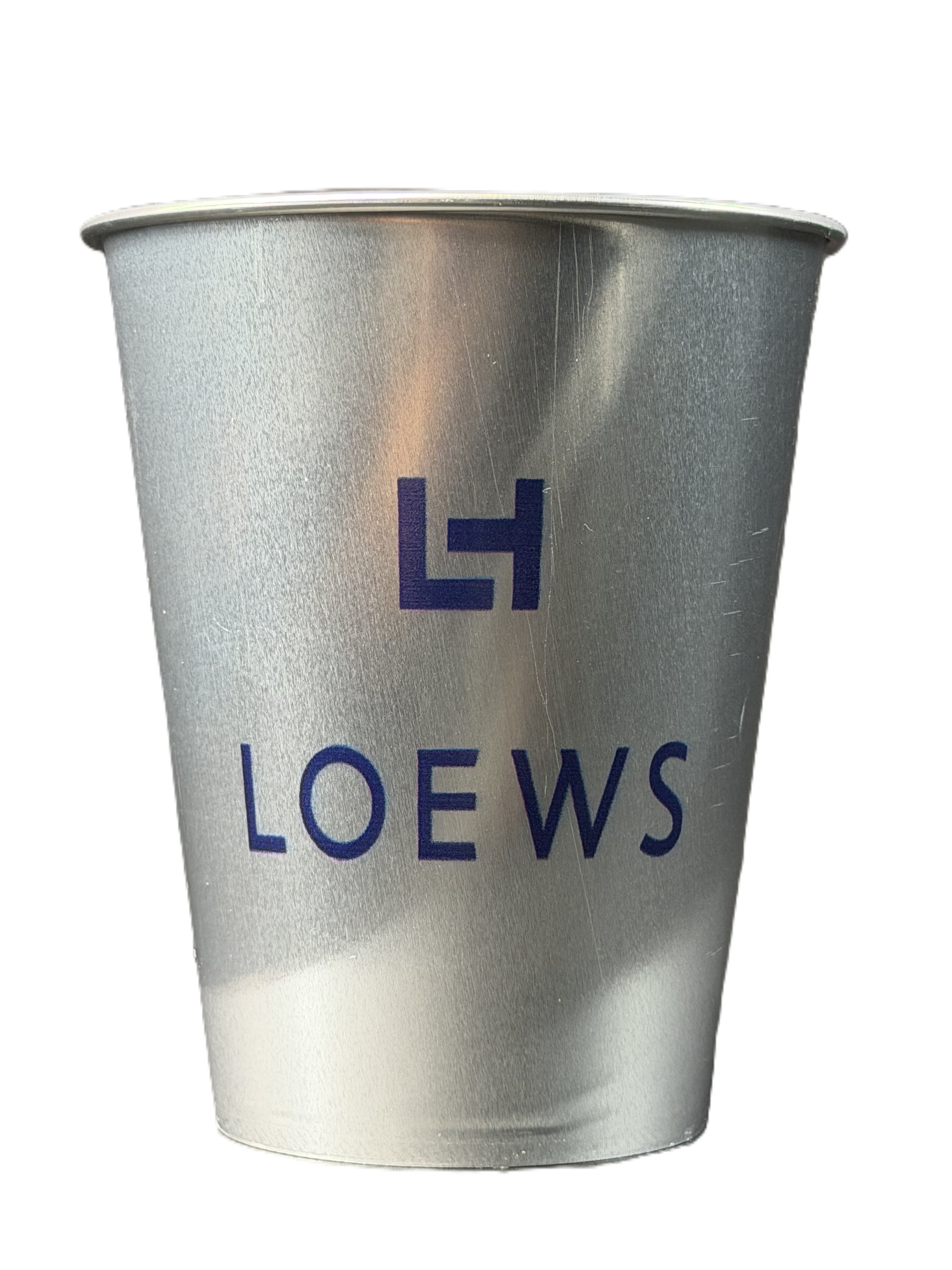 Silver single use aluminum cup printed with the Lowe’s logo