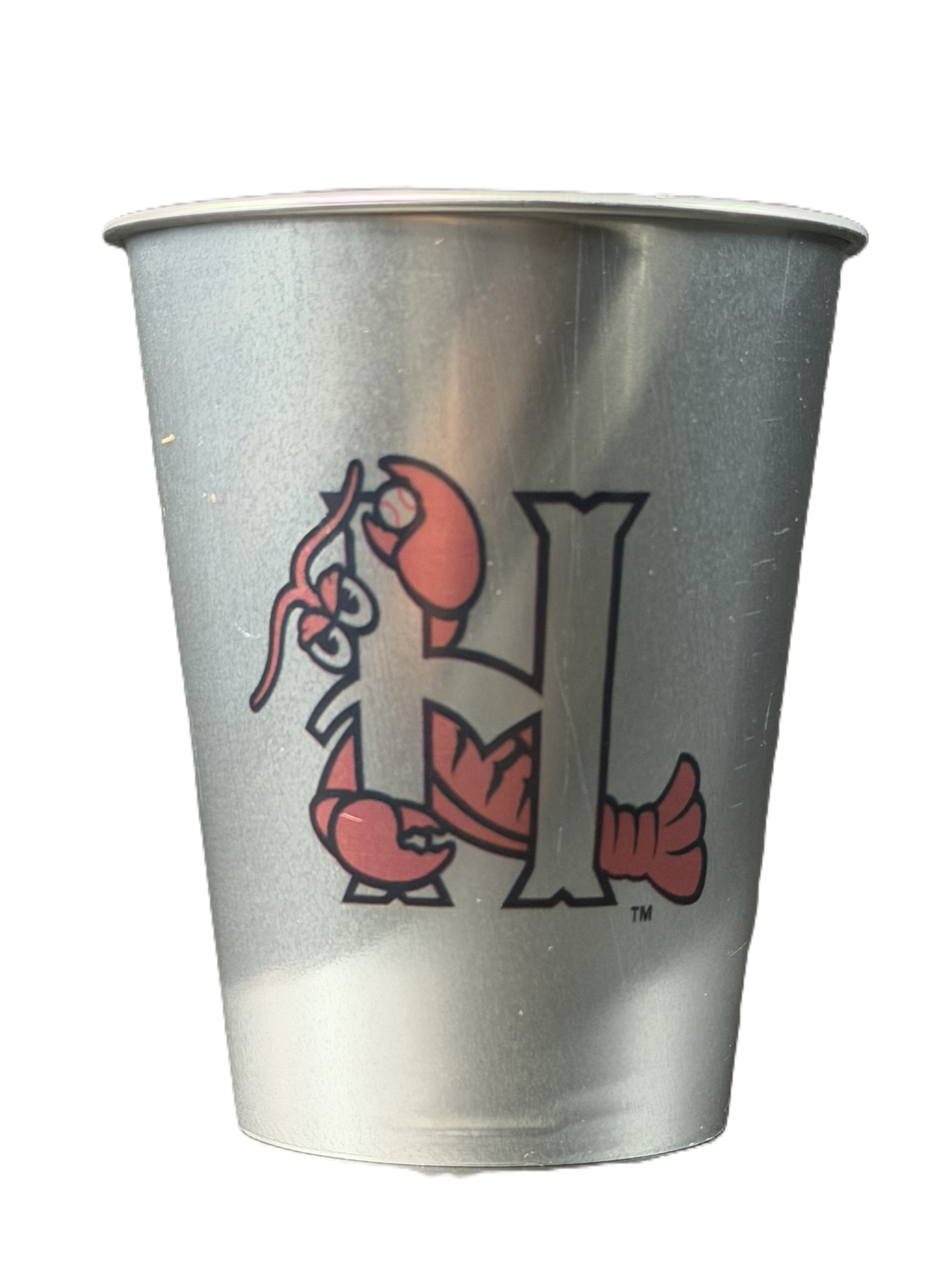 Silver single use aluminum cup printed with the LSU logo