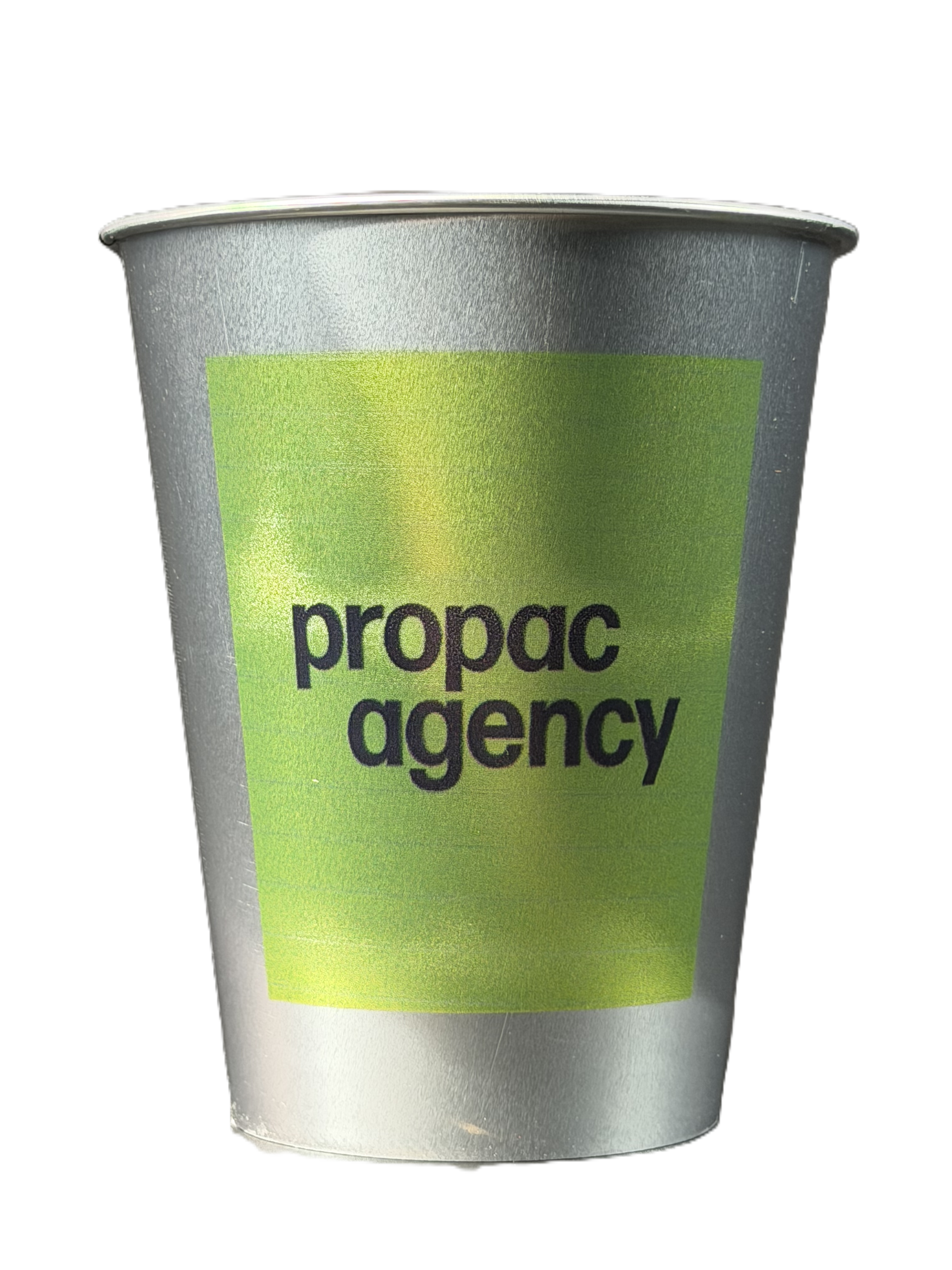 Silver single use aluminum cup with a bright green Propac Agency full-panel print