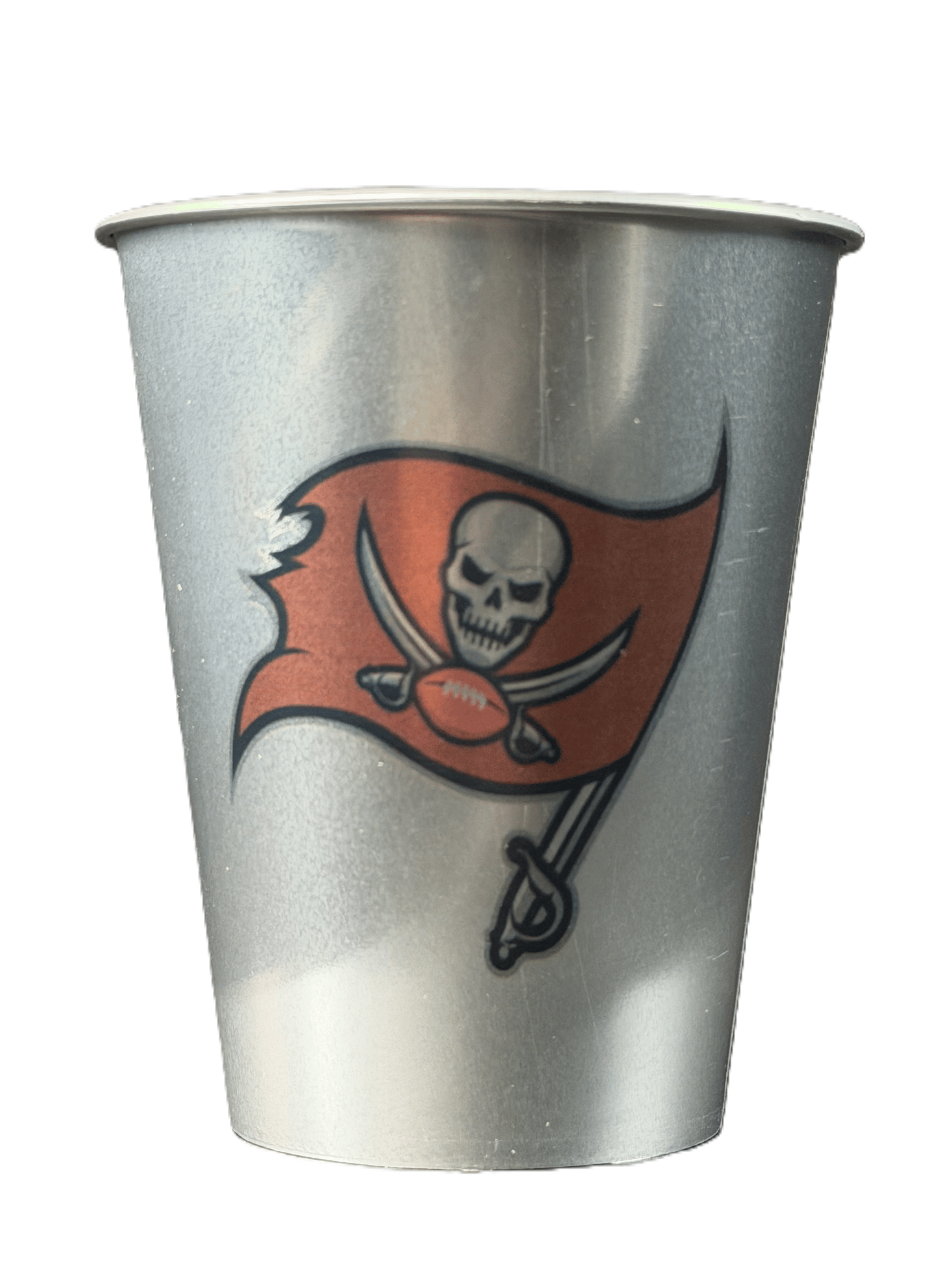 Silver single use aluminum cup printed with the Tampa Bay Buccaneers logo