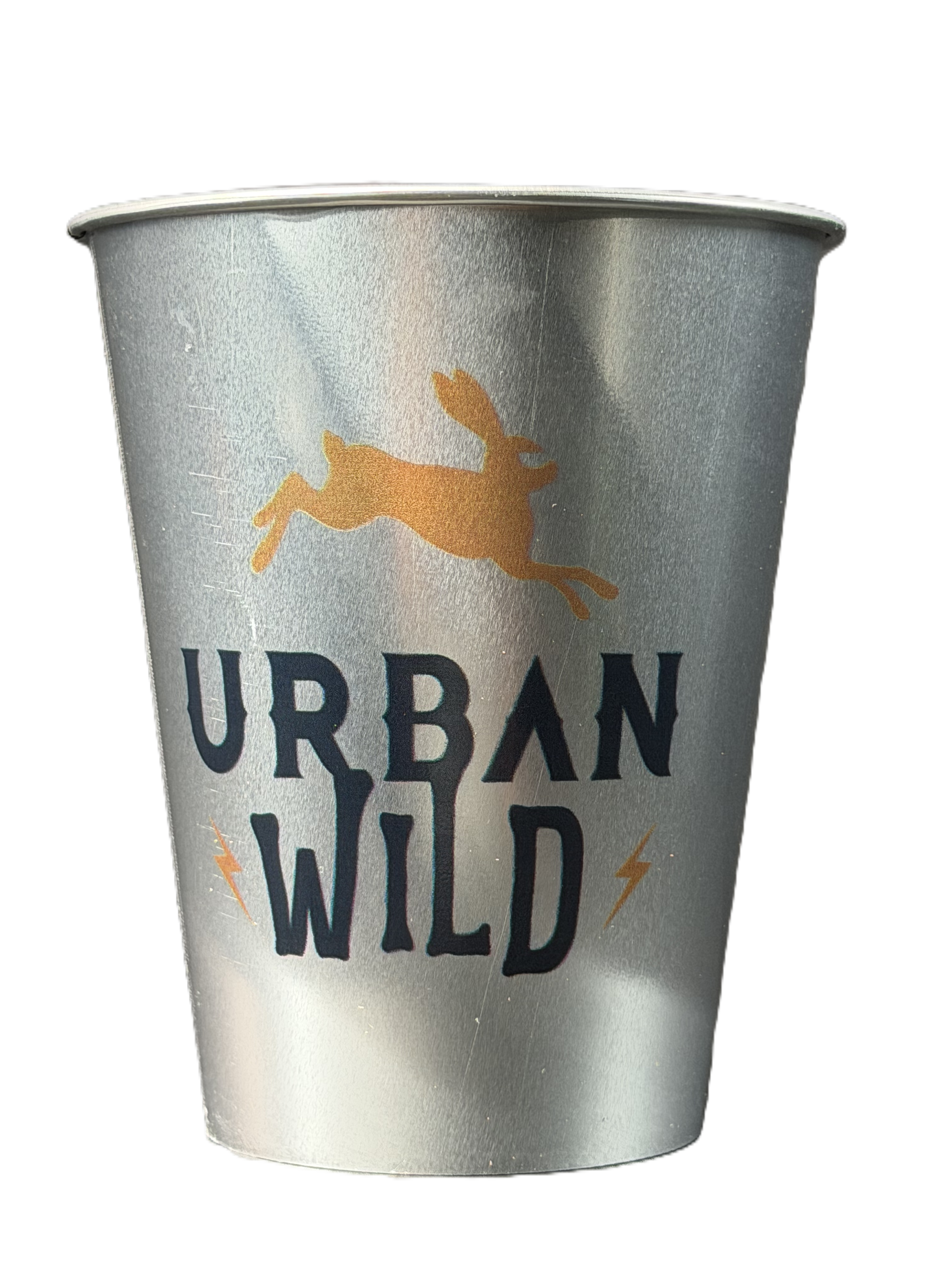 Silver single use aluminum cup printed with the Urban Wild rabbit logo