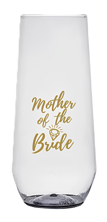 Custom printed stemless champagne PET cup with gold Mother of the Bride artwork