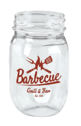 Custom printed mason jar PET cup with red Barbecue Grill and Bar artwork