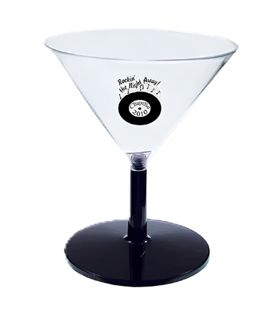 Custom printed martini sampler glass with black stem and round logo artwork
