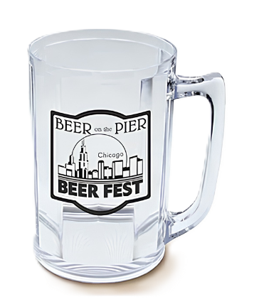 Custom printed clear beer mug sampler glass with Beer on the Pier artwork