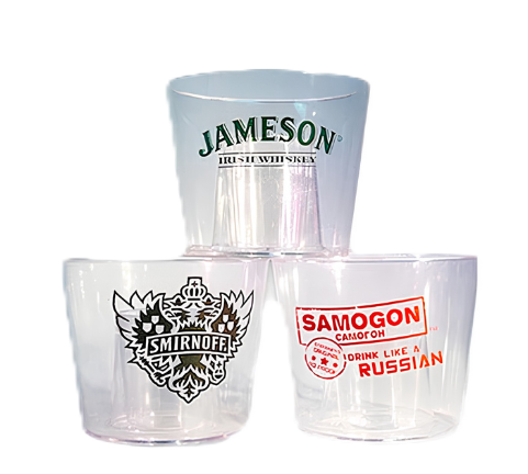 Custom printed divided bomber shot sampler cups with liquor brand artwork