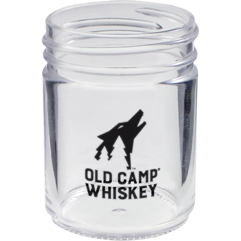 Custom printed clear mason jar shot glass with Old Camp Whiskey artwork