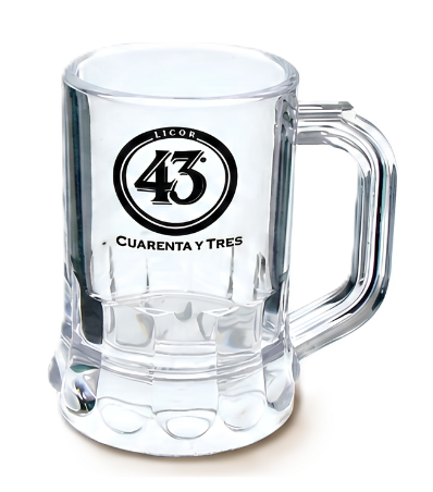 Custom printed clear mini mug sampler shot glass with Cuarenta y Tres branding