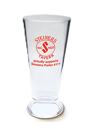 Custom printed clear pilsner sampler glass with red Steiners Tavern artwork