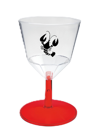 Custom printed wine sampler glass with red stem and black lobster artwork