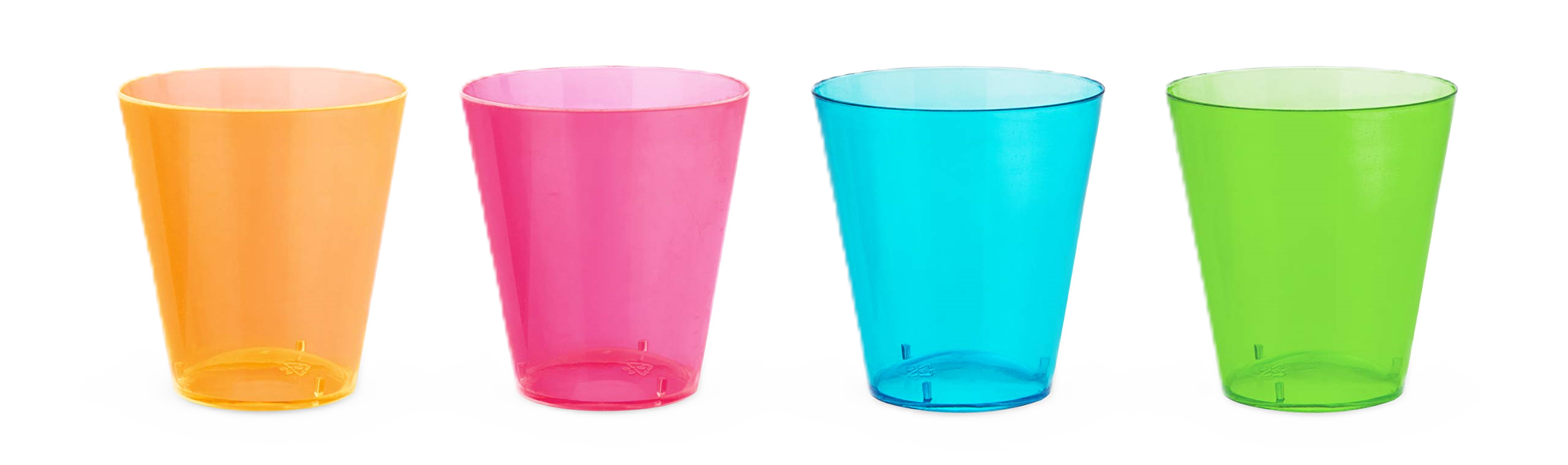 Assorted multicolor plastic shot glasses in orange, yellow, green, pink, and blue