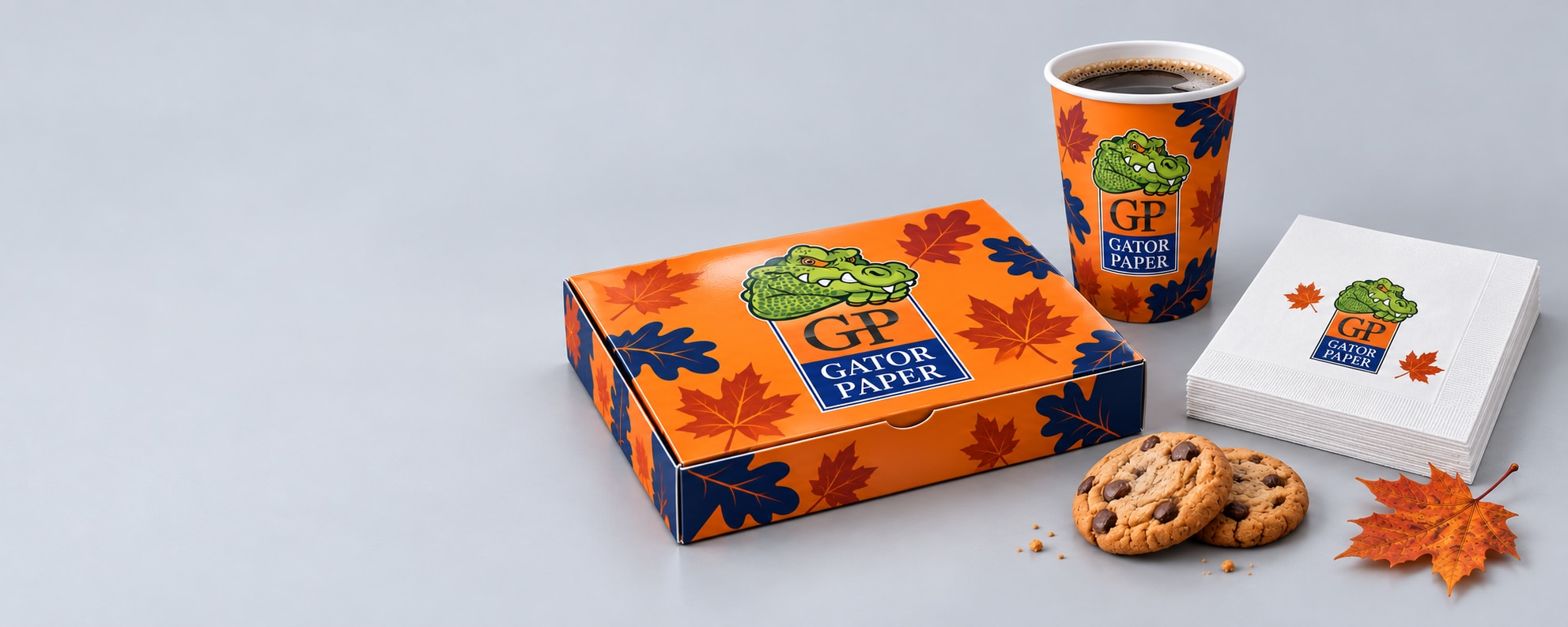 Thanksgiving-themed custom printed food packaging with orange leaves and Gator Paper branding